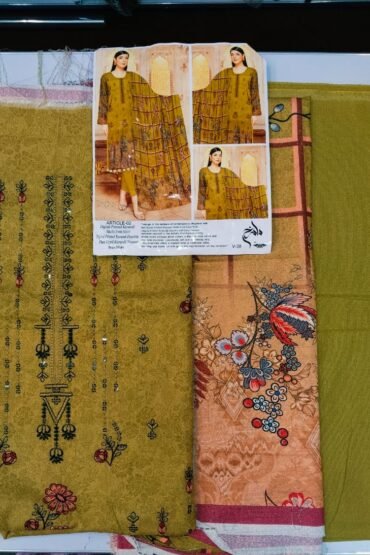 ARTICLE-02 DIGITAL PRINT KARANDI MULTI EMB SHIRT WITH DIGITAL PRINTED KARANDI DUPATA AND PALIN DUED TROUSER