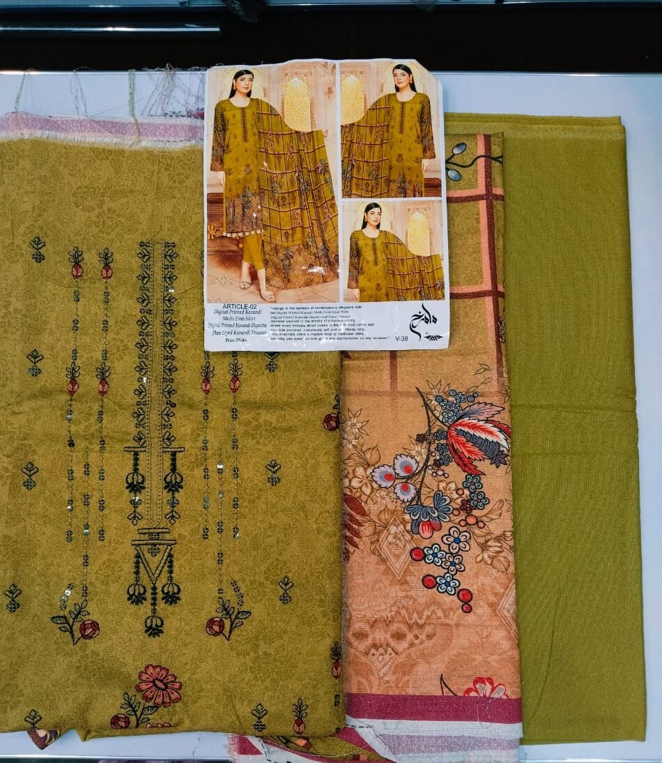ARTICLE-02 DIGITAL PRINT KARANDI MULTI EMB SHIRT WITH DIGITAL PRINTED KARANDI DUPATA AND PALIN DUED TROUSER