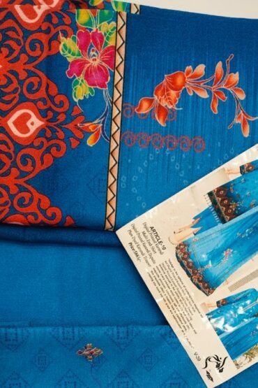 ARTTICLE 10 DIGITAL PRINTED KARANDI MULTI EMB SHIRT WITH DIGITAL PRINTED KARANDI DUPATTAAND PLAIN DYED KARANDI TROUSER