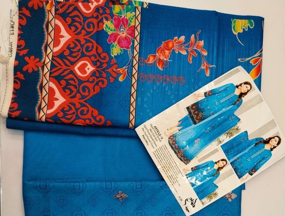 ARTTICLE 10 DIGITAL PRINTED KARANDI MULTI EMB SHIRT WITH DIGITAL PRINTED KARANDI DUPATTAAND PLAIN DYED KARANDI TROUSER