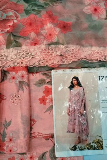 IZINIK SUIT EMBROIDERD CHICKENKARI FRONT WITH EMBRIODERD BATCH PRINTED BACK AND SLEEVES WITH PRINTED CHIFFON DUPATTA