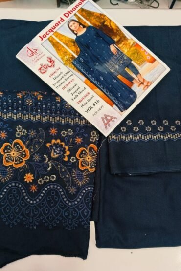 JACQUARD DHANAK (GUL TAJ) DHANAK JACQUARD EMB DAMAN BORING WITH DHANAK JAQARD EMB SHWAL AND PLAIN DYED TROUSER