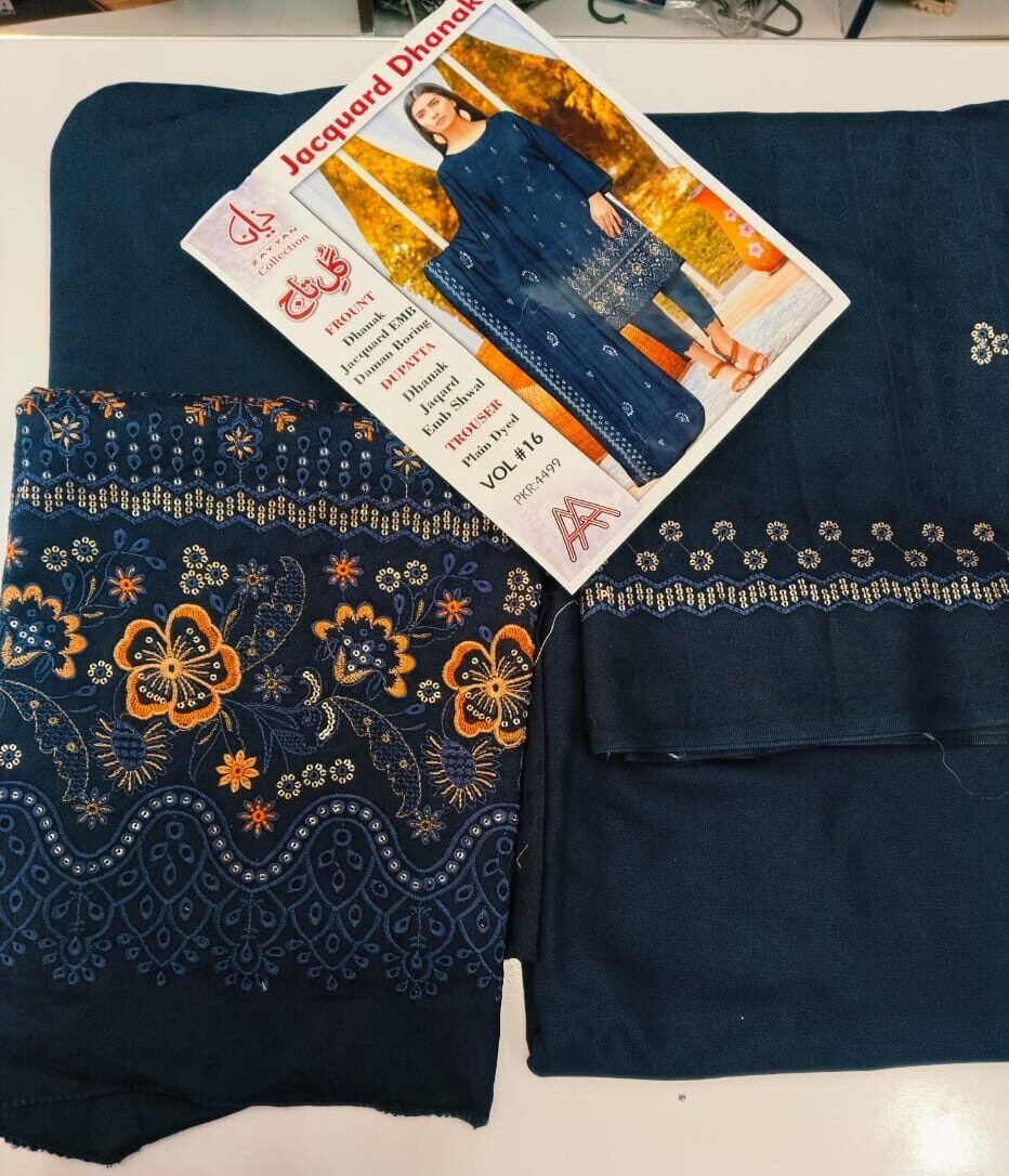 JACQUARD DHANAK (GUL TAJ) DHANAK JACQUARD EMB DAMAN BORING WITH DHANAK JAQARD EMB SHWAL AND PLAIN DYED TROUSER